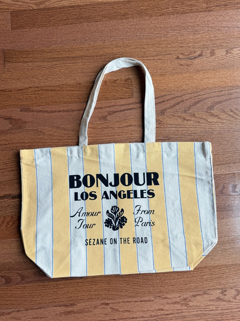 Sezane Yellow and Cream Striped 'Bonjour Los Angeles' Tote